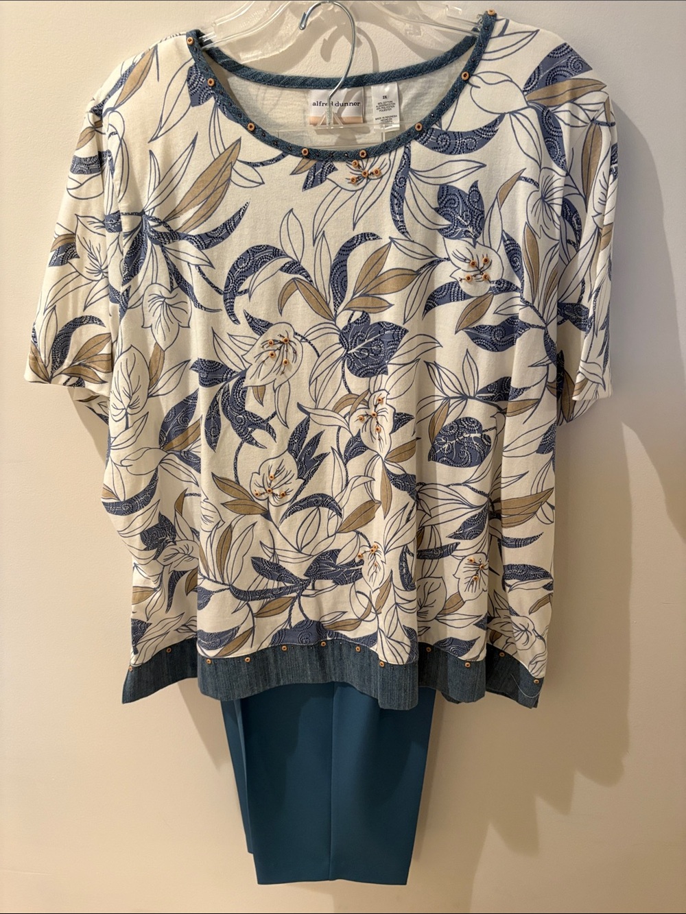 Alfred Dunner Cream Floral Short Sleeve Tee with Blue and Tan Accents